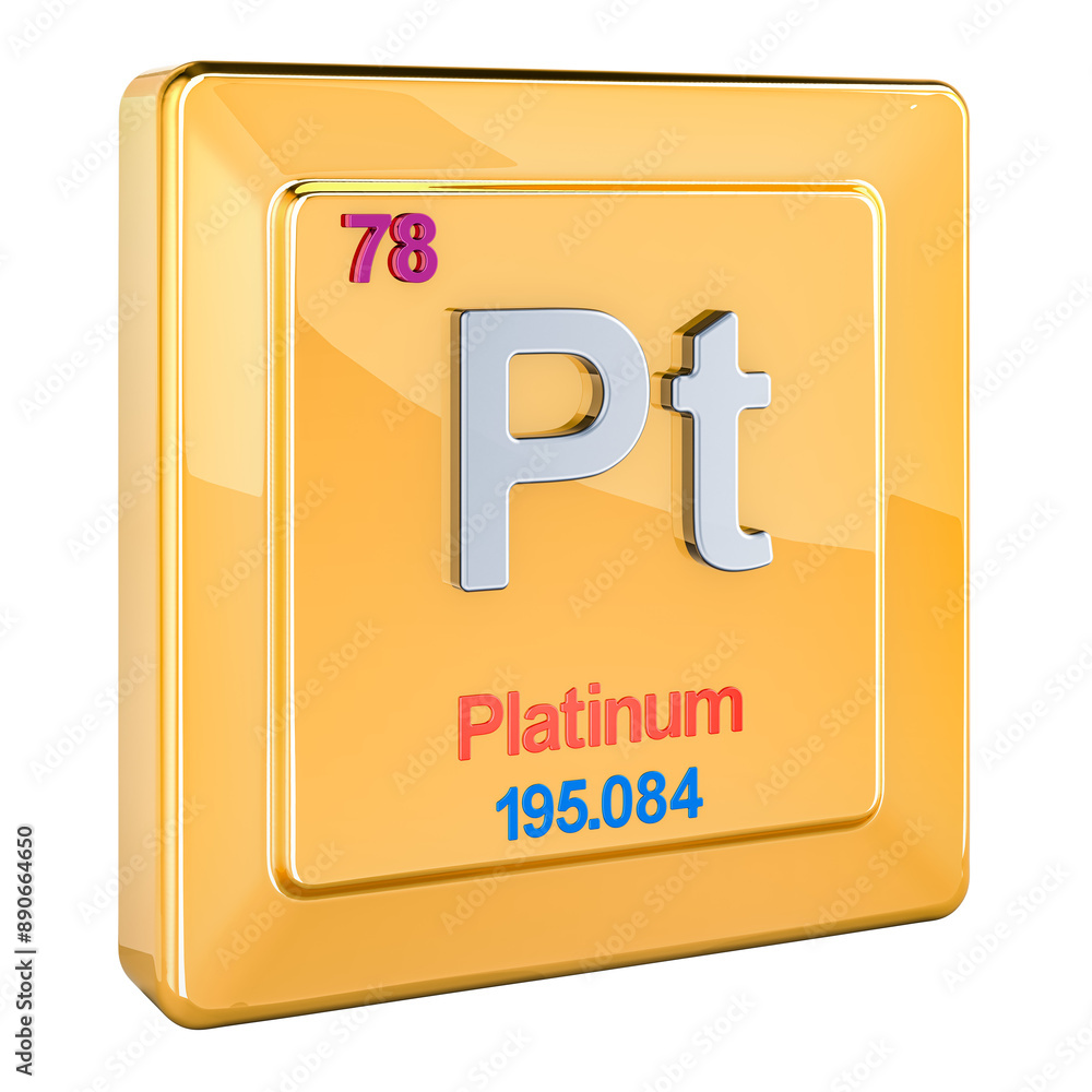 Poster platinum pt, chemical element sign with number 78 in periodic table. 3d rendering isolated on transp
