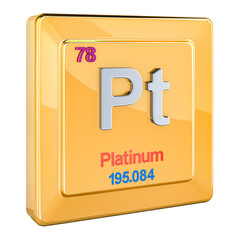 Platinum Pt, chemical element sign with number 78 in periodic table. 3D rendering isolated on transparent background isolated on white background