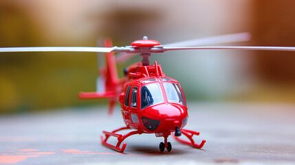 Naklejka premium Closeup of plastic red helicopter chopper model toy. Aircraft transport and travel, child aviation flight play