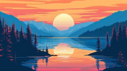 Lake Tahoe during sunrise or sunset in minimal colorful flat vector art style illustration.  
