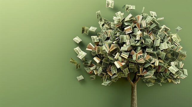 beautiful 3D tree with book-leaves each cover intricately designed set against solid olive green background. The scene captures the essence of literacy and learning.