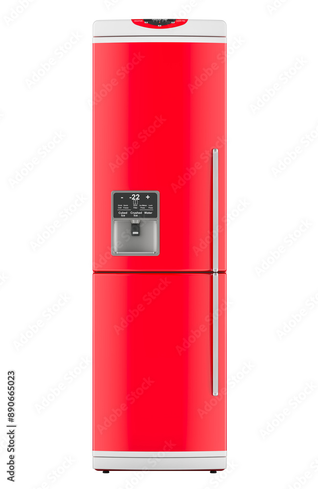 Poster red refrigerator. fridge, front view. 3d rendering isolated on transparent background