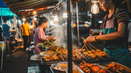 Night Thai street food market with people
