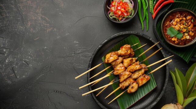 Thai skewers Kanom jeeb on leaf of palm