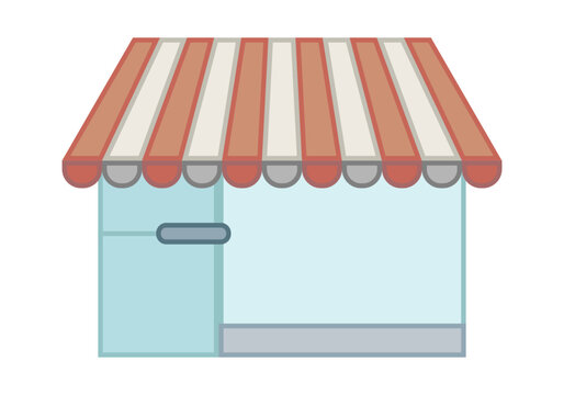 Local de un peque&ntilde;o comercio con toldo rojo y blanco