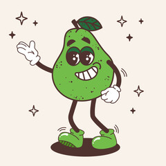 Groovy pear character. Fruit in retro vintage trendy style. Modern illustration with cute comics characters. Funny vector mascot. 60 -70s vibes sticker. 