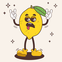 Groovy lemon character. Fruit in retro vintage trendy style. Modern illustration with cute comics characters. Funny vector mascot. 60 -70s vibes sticker. 