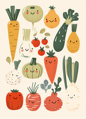 Colorful Cartoon Fruit Poster with Cute Faces and Pastel Theme