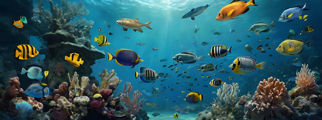 An Imaginative underwater fantasy scenes, combining elements of marine life with fantastical creatures and marine settings
