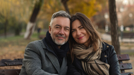 Relaxed middle-aged husband and wife sitting together on a park bench, enjoying a quiet and happy moment outdoors