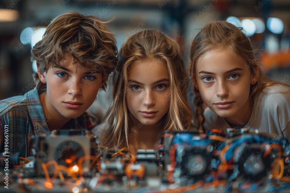 Poster three teenagers working on a robotics project in a workshop