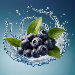 Blueberries splashing down in water, food photography, summer Juice advertisement, corporate advertising, dynamic composition, vibrant contrast, food photography fresh produce	