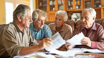 Seniors reviewing their retirement plan and budget, surrounded by bills and financial statements