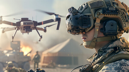 Military personnel using VR headset to control drone in combat zone with blurred background of soldiers. Military technology, drone operations, virtual reality training, modern warfare tactics.