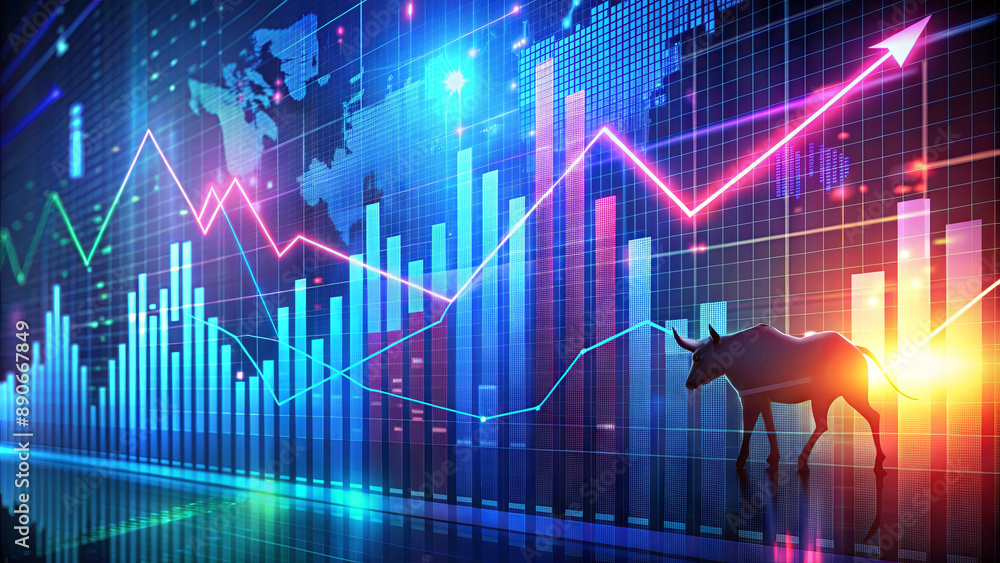 Poster a silhouette of a bull walks across a digital background displaying global economic data and financi