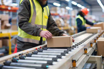 Fototapeta premium Warehouse worker handling a box on a conveyor belt in a distribution center. Logistics, supply chain management, shipping, warehousing, e-commerce fulfillment, inventory management concept.