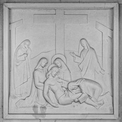 Jesus is laid in the tomb. Station XIV of the Way of the Cross. Valinhos (Fátima), Portugal.