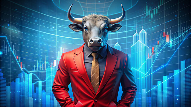 An anthropomorphic bull with a red suit and tie stands confidently in front of a blue background with stock market charts and skyscrapers