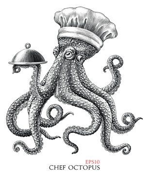 Chef Octopus hand drawing engraving vintage style black and white clip art