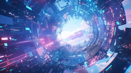 Fototapeta premium Futuristic digital cityscape with neon lights and technology, showcasing a vibrant sci-fi world. Perfect for tech, innovation, and future concept.