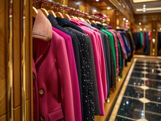 Elegant coats in a luxurious clothing store