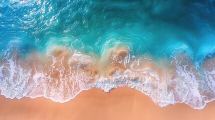 abstract sand beach from above with light blue transparent water waves and sunlights, summer vacation background concept banner with copy space, natural beauty spa outdoors 