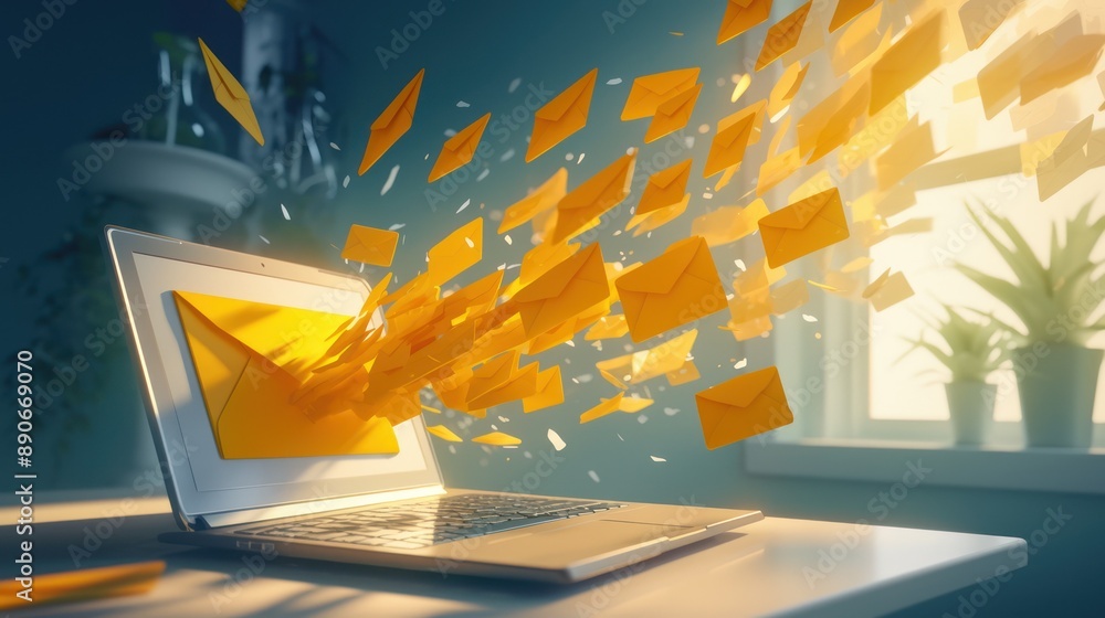 Poster laptop with dynamic email notifications flying out, symbolizing digital communication and online mes