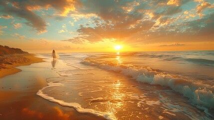 Solitary Figure Walking on Sandy Beach at Sunset
