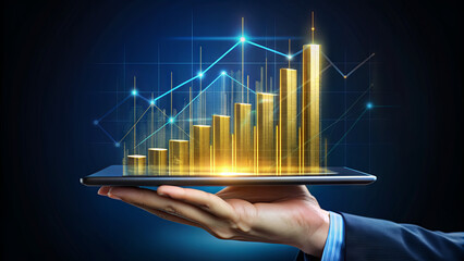 A hand holding a tablet displaying a rising gold bar chart with an upward trending line