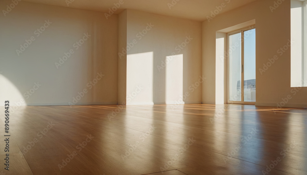 Poster sunlight streams through large windows in an empty room with hardwood floors