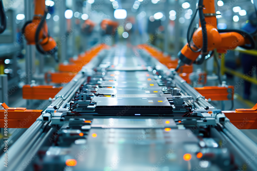 Poster automated robotic arms working on an assembly line in a modern electronics manufacturing factory. in