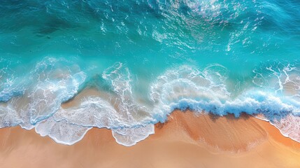 abstract sand beach from above with light blue transparent water waves and sunlights, summer vacation background concept banner with copy space, natural beauty spa outdoors 