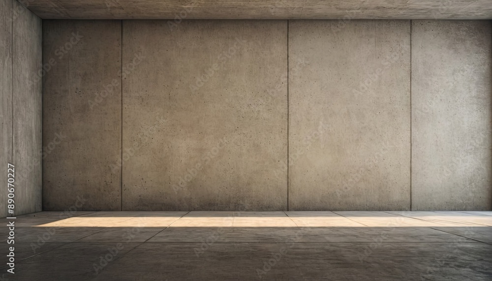 Poster a wide shot of an empty room with concrete walls and floor. sunlight streams in from a window, illum