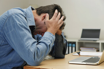 Fototapeta premium A stressed man in a denim shirt sits at a desk, gripping his head in frustration next to an open laptop, embodying anxiety and exhaustion.