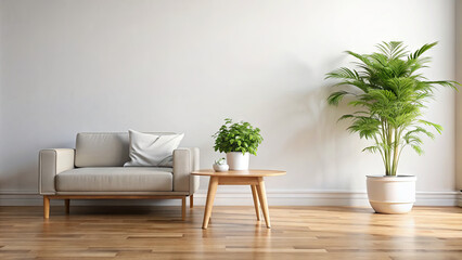 A modern living room with a light grey sofa, wooden coffee table, and potted plants