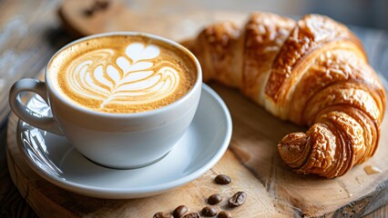 Close-up of a cup of coffee with intricate latte art, served alongside a freshly baked croissant on a wooden board.