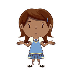 Confused girl shrugging shoulders, schoolgirl, blue school uniform