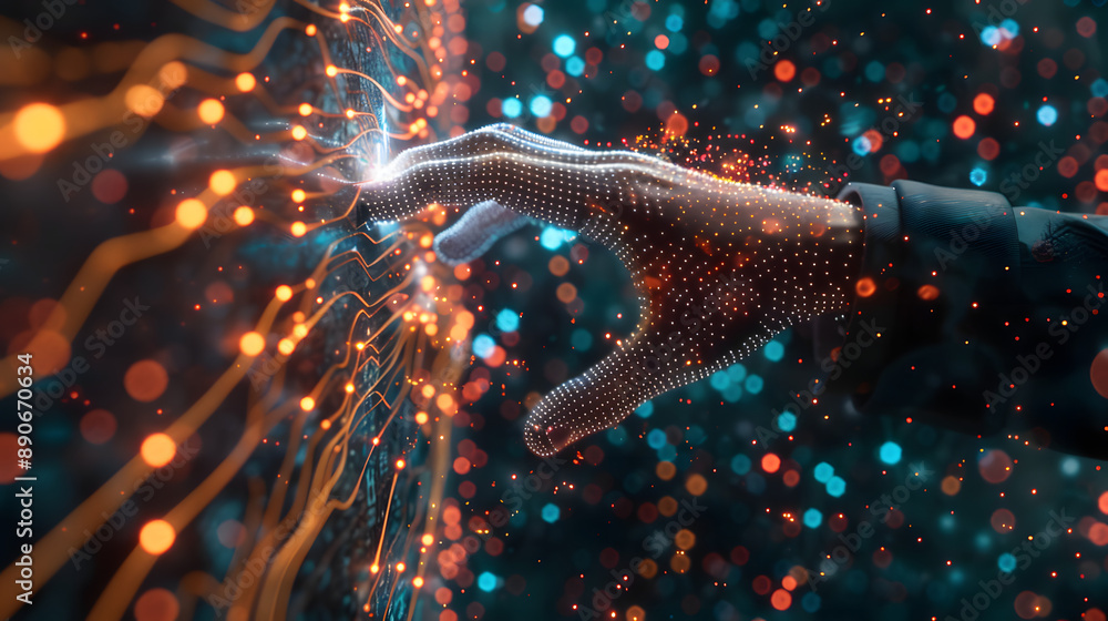 Poster a hand touches a digital interface with a glowing network of points and lines, representing futurist