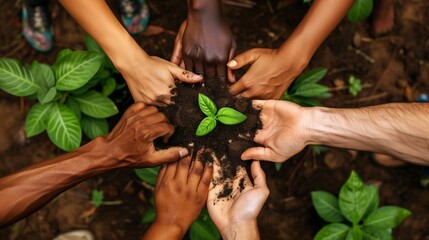 A diverse group of people working together to plant a tree, symbolizing unity and environmental stewardship. The team includes various ethnicities, highlighting multicultural collaboration.
