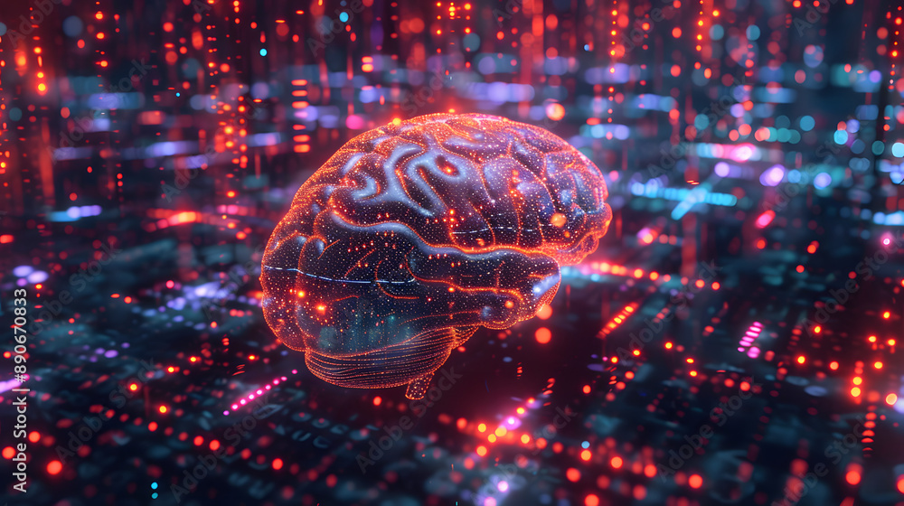 Poster a digital brain with glowing connections in cyberspace, representing artificial intelligence, data n