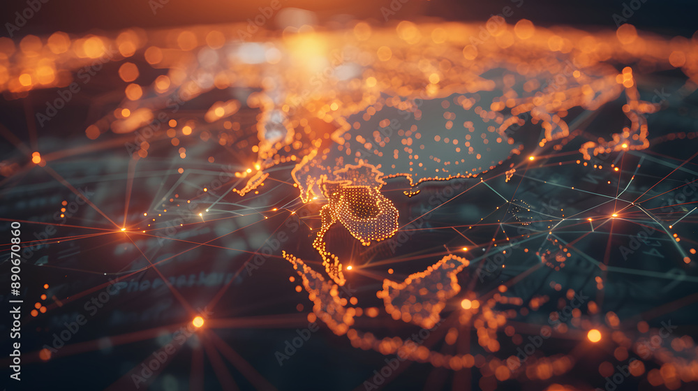 Poster a digital map of asia shows a glowing network of points and lines, representing technological connec