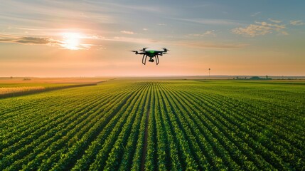 Aerial shot of drones over expansive crop fields, showcasing the benefits of precision agriculture.