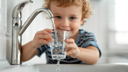 Young child filling a glass with water from a tap, white background, focused on the child holding the glass, blurred surroundings © Chatchanan