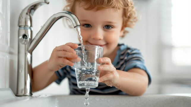 Young child filling a glass with water from a tap, white background, focused on the child holding the glass, blurred surroundings