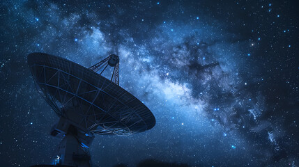 A radio telescope dish with a stunning galactic background, capturing the essence of space observation and astronomical research.