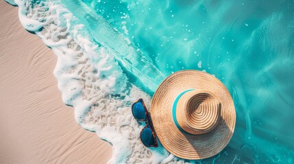 A serene beach scene showcasing a straw hat and sunglasses resting near the edge where the turquoise water gently meets the sandy shore, creating a relaxing atmosphere.