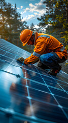 Operario instalador de paneles solares equipado de ropa de seguridad