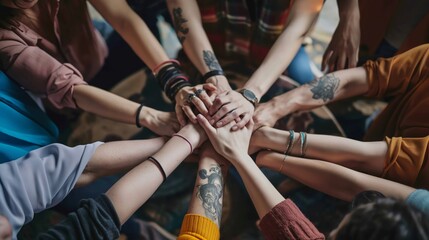 Obraz premium Group Of People Placing Hands Together In Unity