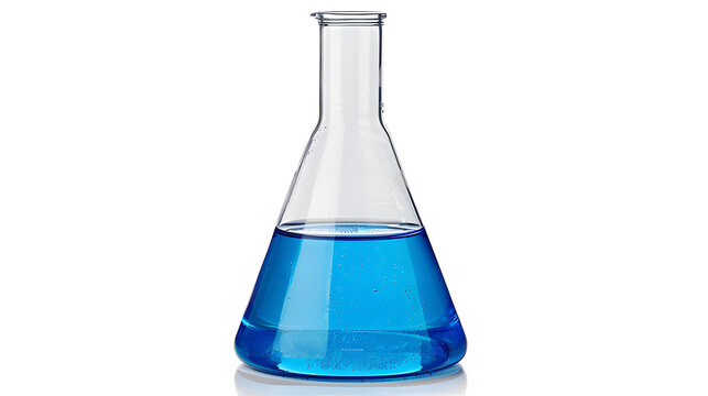 El matraz c&oacute;nico con l&iacute;quido azul sobre blanco - vidrio de laboratorio	