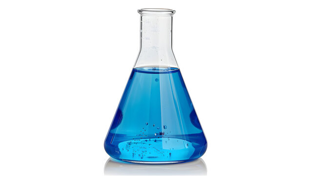 El matraz c&oacute;nico con l&iacute;quido azul sobre blanco - vidrio de laboratorio